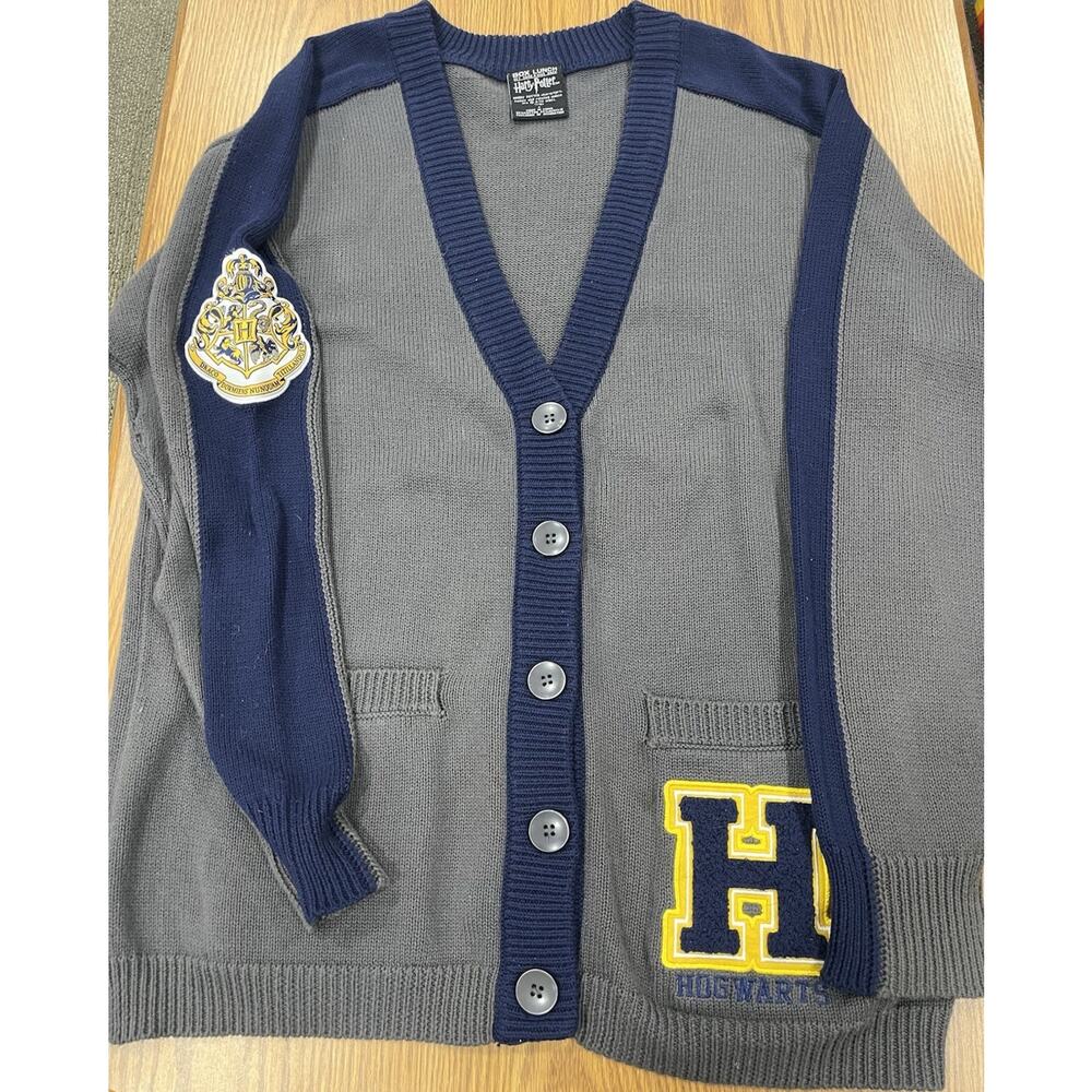 Harry Potter Hogwarts Cardigan Sweater Men Gray Navy Cotton Blend